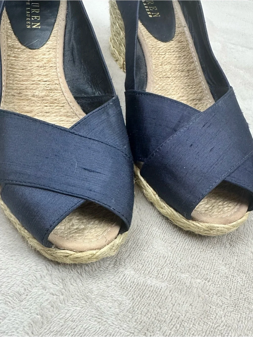Lauren Ralph Lauren Cecilia Navy Silk Shantung Espadrille Wedges Peep Toe SZ 10